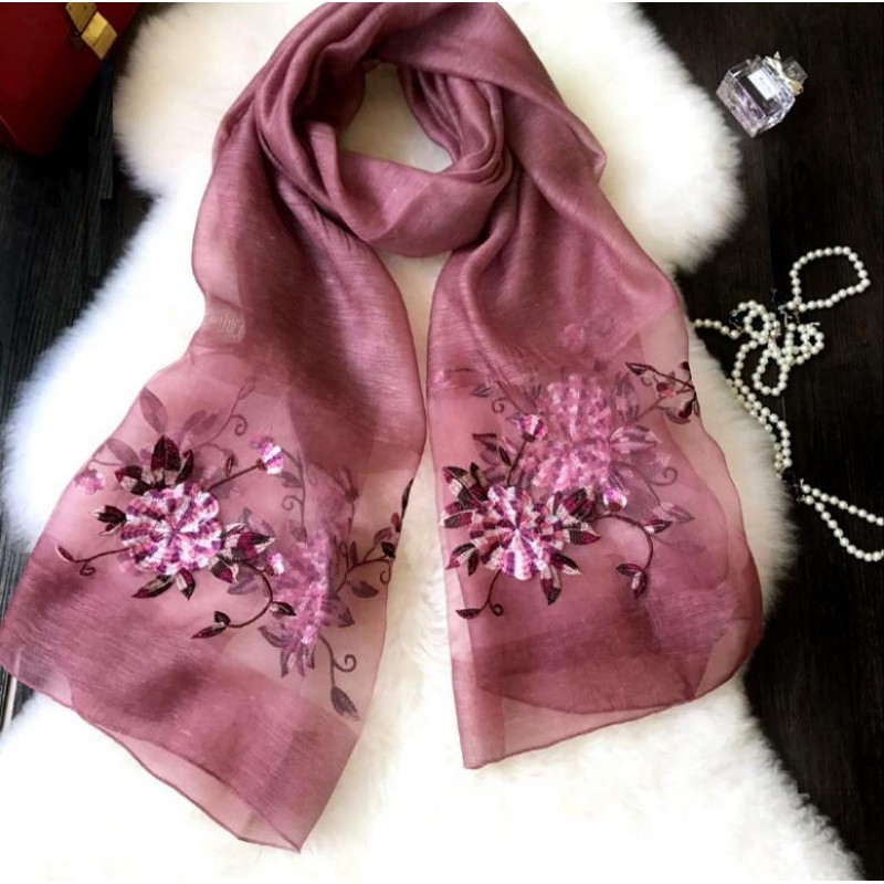 Wool Silk Scaves Black Embroidery Women Summer Scarf